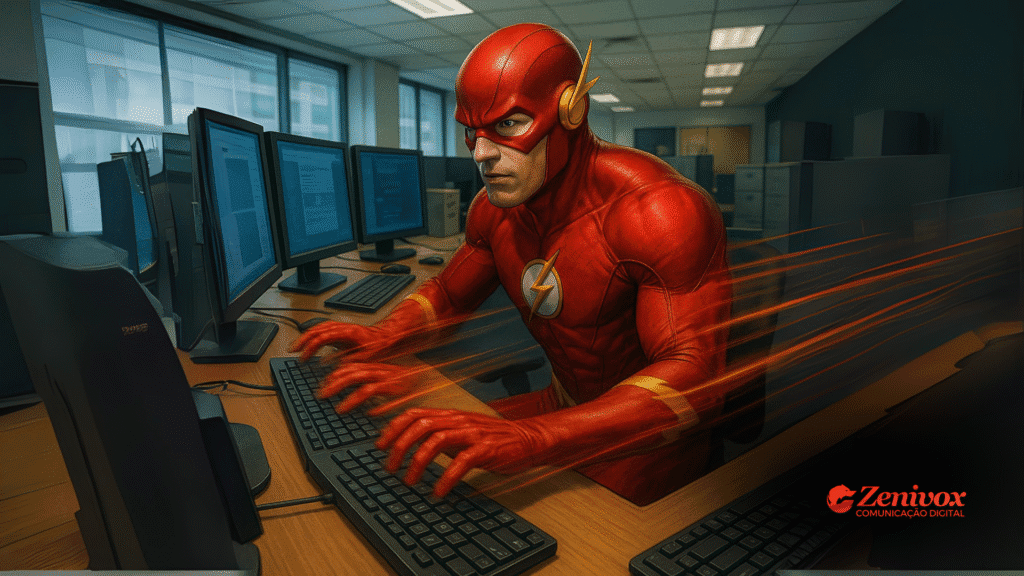Imagem do Flash em movimento acelerado, cercado por telas e gráficos de redes sociais, anúncios digitais e relatórios de desempenho. Efeitos de velocidade e motion blur destacam a ideia de multitarefa e rapidez na execução de tarefas de marketing.