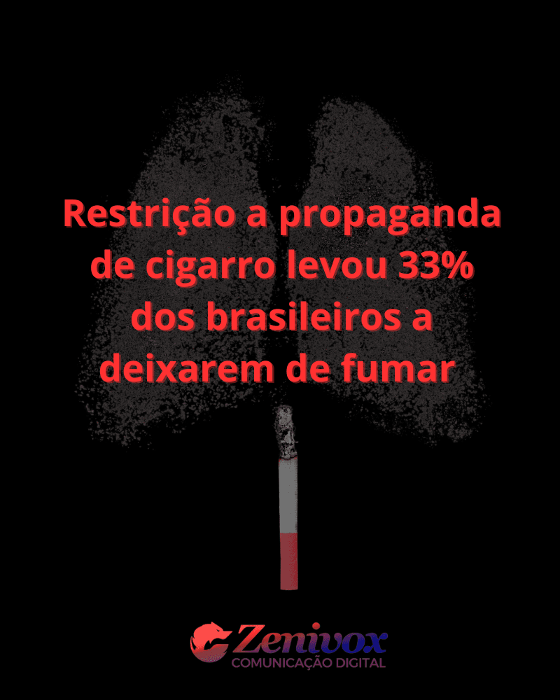Arte visual com fundo preto mostra um cigarro aceso que libera fumaça em forma de pulmões. Sobreposto à imagem, lê-se em letras vermelhas: “Restrição a propaganda de cigarro levou 33% dos brasileiros a deixarem de fumar”. Na parte inferior está o logotipo da Zenivox Comunicação Digital.