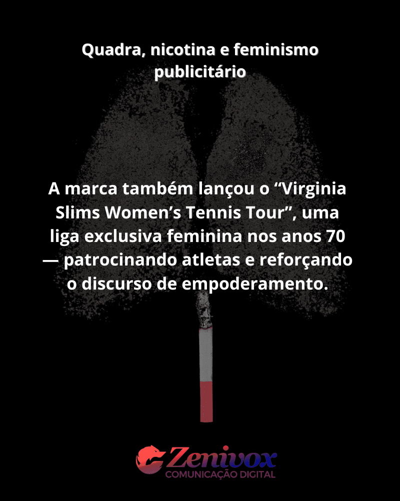 Imagem com fundo preto apresenta um cigarro aceso ao centro, com fumaça formando dois pulmões. O texto em branco, centralizado sobre a campanha publicitária de cigarros, diz: “Quadra, nicotina e feminismo publicitário”. Em seguida, destaca que a marca de cigarros Virginia Slims criou, nos anos 70, uma liga de tênis exclusivamente feminina para promover empoderamento e visibilidade — o “Virginia Slims Women’s Tennis Tour”. A imagem é assinada pela Zenivox Comunicação Digital.