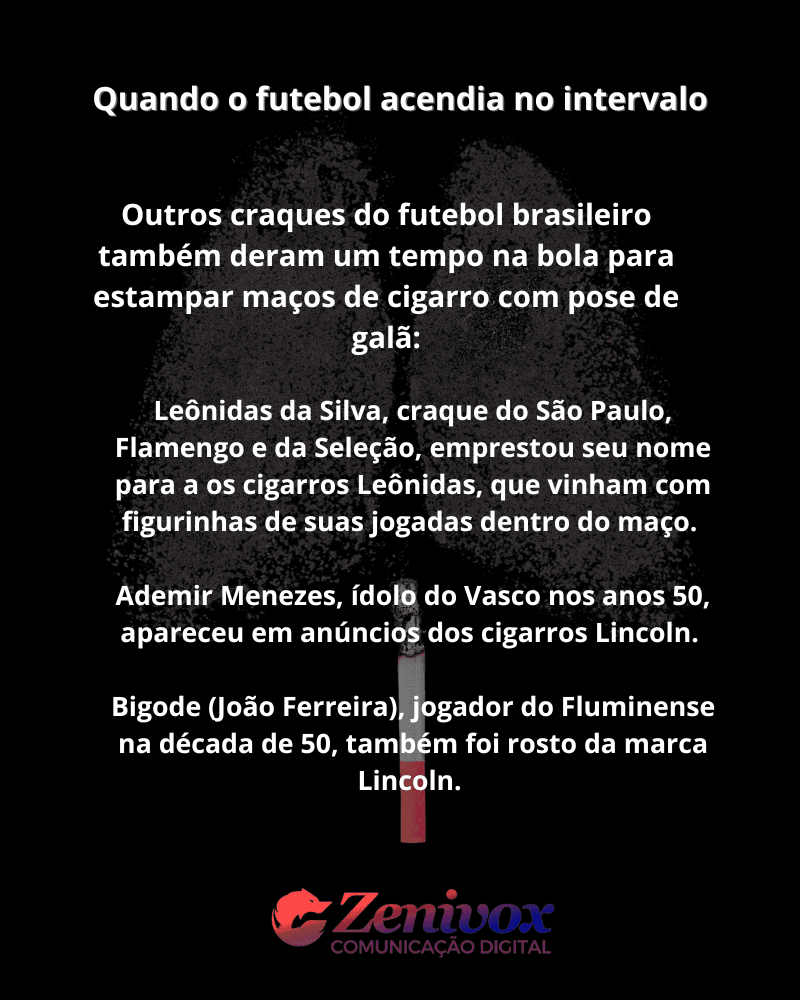 Imagem com fundo preto exibe um cigarro aceso que forma, com sua fumaça, a silhueta de dois pulmões. Sobre a imagem está o texto: “Quando o futebol acendia no intervalo”. Abaixo, um parágrafo detalha como craques do futebol brasileiro dos anos 50, como Leônidas da Silva, Ademir Menezes e Bigode (João Ferreira), participaram de campanhas publicitárias de marcas de cigarro. O logotipo da Zenivox Comunicação Digital aparece no rodapé.