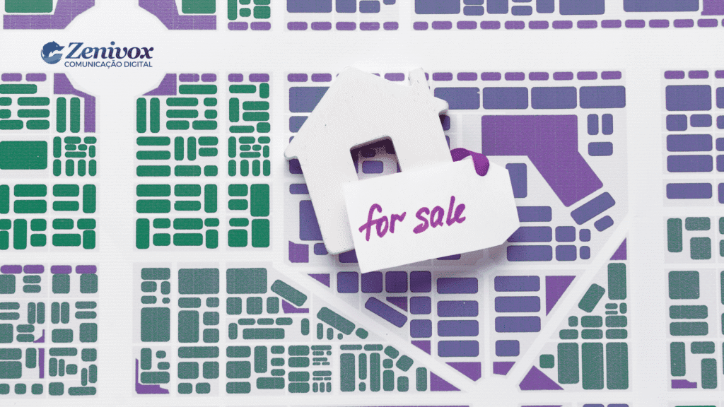 Imagem com fundo representando um mapa urbano estilizado, com ruas e quadras em verde e roxo. No centro, uma pequena casa branca em miniatura com uma etiqueta pendurada escrita "for sale" em roxo, representando os locais para abordagem de vendas. No canto superior esquerdo, aparece o logotipo da Zenivox Comunicação Digital.