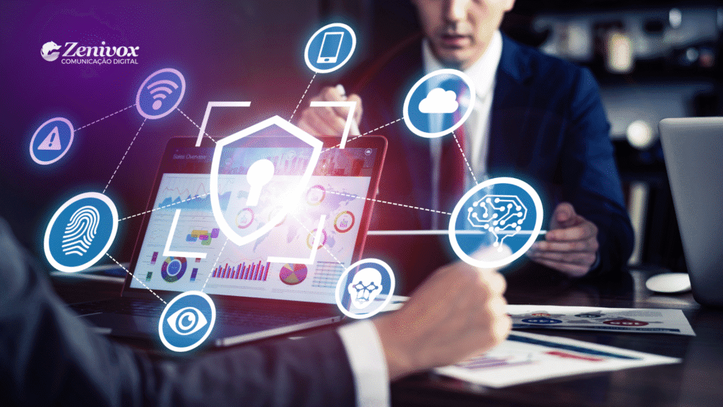 Profissionais de negócios discutindo frente a um notebook com gráficos e ícones digitais flutuantes representando serviços como segurança de dados, inteligência artificial, computação em nuvem e conectividade em data centers.