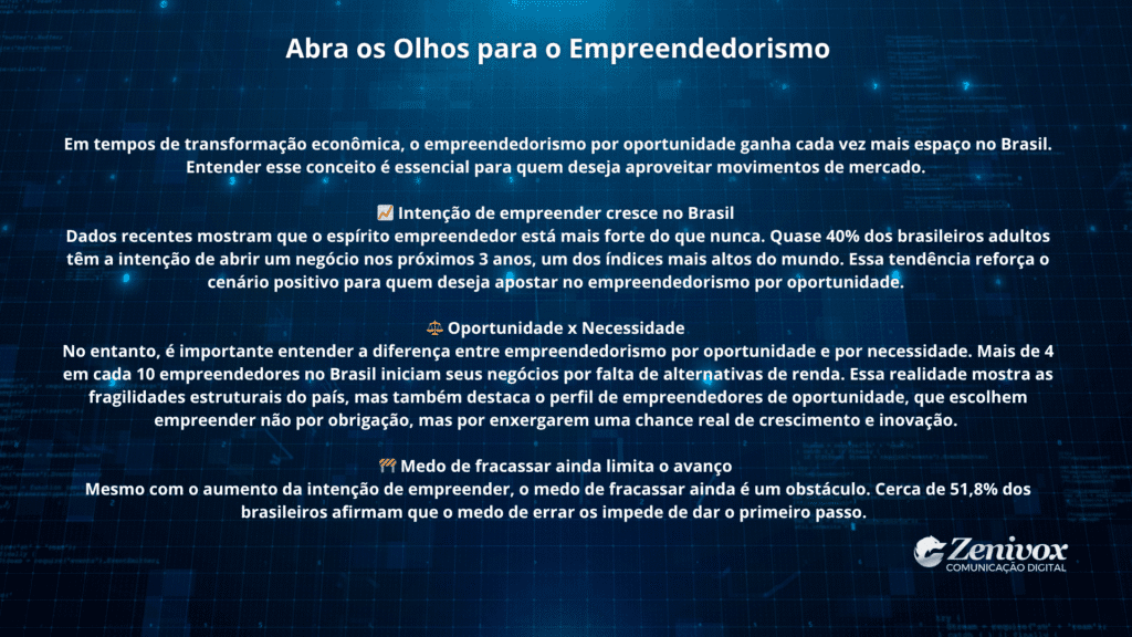 Imagem explicativa sobre o conceito de empreendedorismo por oportunidade, destacando dados sobre o crescimento da intenção de empreender no Brasil, a diferença entre empreender por oportunidade ou necessidade e o impacto do medo de fracassar entre os brasileiros.