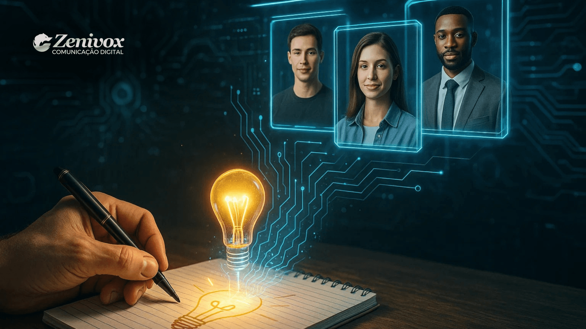 Mão escrevendo em um caderno com uma caneta, desenhando uma lâmpada que se transforma em uma lâmpada real brilhante, conectada digitalmente a três avatares virtuais de pessoas em molduras tecnológicas — simbolizando vídeos de apresentação com IA. Ao fundo, há circuitos digitais e o logo da Zenivox Comunicação Digital no canto superior esquerdo.