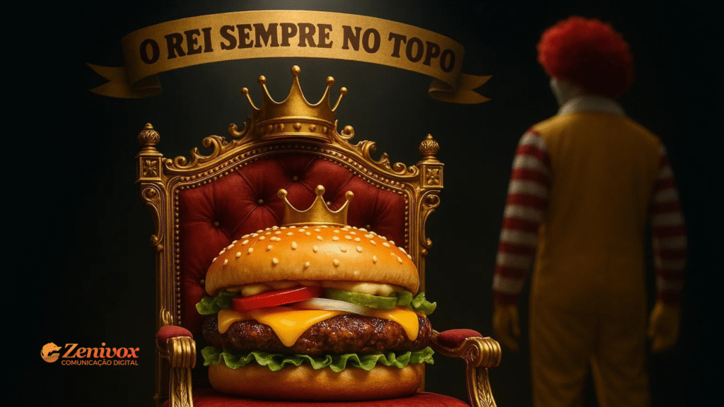 Imagem conceitual de uma campanha de marketing do Burger King. Um hambúrguer com coroa está posicionado sobre um trono real, com estofado vermelho e detalhes dourados, simbolizando a liderança da marca. Acima do trono, há uma faixa com a frase "O REI SEMPRE NO TOPO", destacando o posicionamento de superioridade. Ao fundo, desfocado, aparece a silhueta de um personagem com cabelo vermelho e roupa com listras vermelhas e amarelas, fazendo uma referência sutil a um concorrente famoso. No canto inferior esquerdo, há o logotipo da agência Zenivox Comunicação Digital.