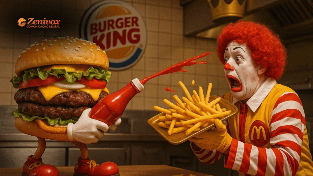 Cena humorística inspirada em campanhas de marketing do Burger King. Um hambúrguer com olhos, pernas, sapatos e luvas, em estilo de personagem animado, esguicha ketchup de forma exagerada sobre uma bandeja de batatas fritas, segurada por um personagem com cabelo vermelho e roupa listrada, claramente inspirado no mascote do McDonald's. O rosto do personagem mostra expressão de choque. Ao fundo, o logotipo do Burger King aparece na parede de uma cozinha de fast-food. No canto inferior esquerdo, o logo da Zenivox Comunicação Digital.