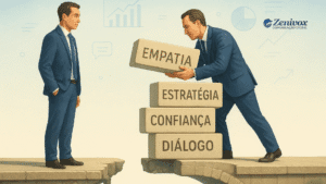 Dois homens de terno estão em lados opostos de um abismo. Um deles constrói uma ponte usando blocos com palavras como “Diálogo”, “Confiança”, “Estratégia” e “Empatia” para alcançar o outro, simbolizando o esforço para construir um relacionamento com o cliente.