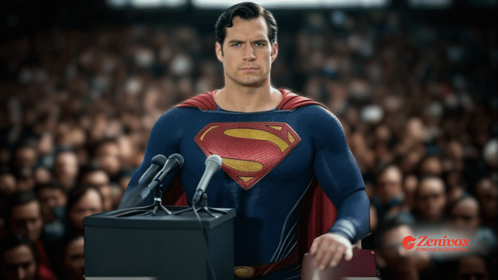 Superman – O Porta-Voz Oficial e Mestre das Relações Públicas no Departamento de Marketing
Imagem do Superman posicionado atrás de um púlpito com vários microfones, transmitindo confiança e autoridade, pronto para fazer um pronunciamento público diante de uma grande multidão. O fundo mostra um público desfocado, destacando o herói como figura central da comunicação.