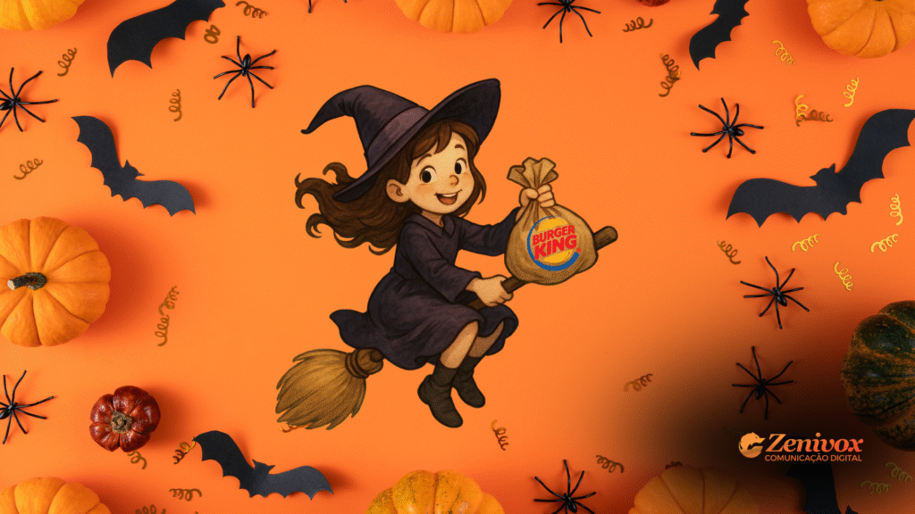Ilustração de uma menina fantasiada de bruxa voando em uma vassoura, segurando um saco com o logo do Burger King, em meio a um fundo laranja com abóboras, morcegos de papel e aranhas de plástico, representando a campanha Vassoura Thru – Halloween (2020).