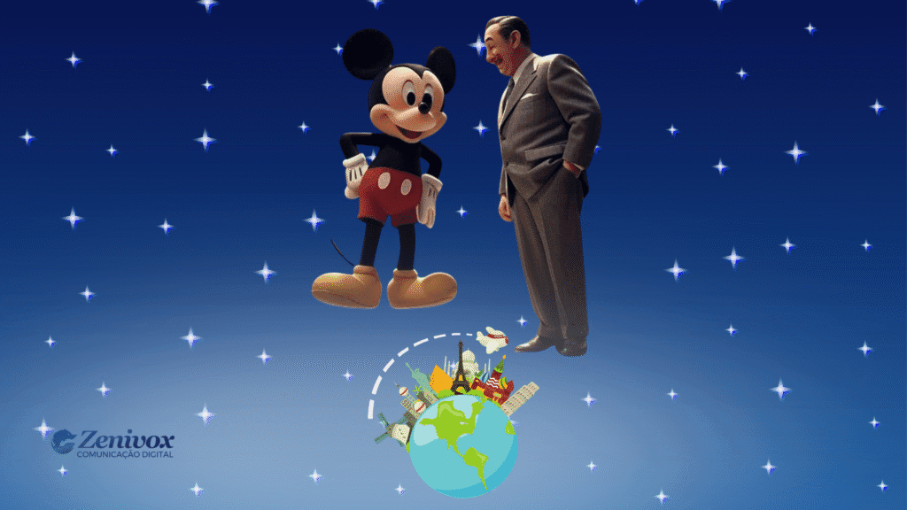 Marketing holístico: Exemplo inspirador da Disney com Mickey e Walt Disney sobre um fundo estrelado, representando a união de propósito, comunicação e experiência de marca.