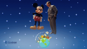 Marketing holístico: Exemplo inspirador da Disney com Mickey e Walt Disney sobre um fundo estrelado, representando a união de propósito, comunicação e experiência de marca.