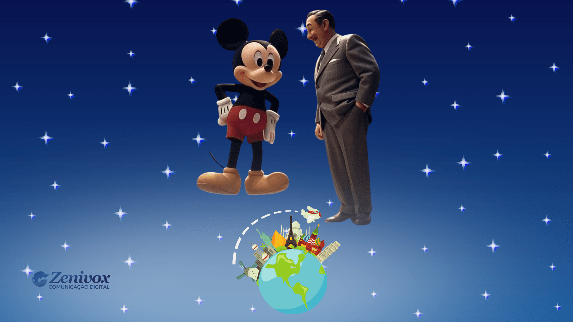 Marketing holístico: Exemplo inspirador da Disney com Mickey e Walt Disney sobre um fundo estrelado, representando a união de propósito, comunicação e experiência de marca.