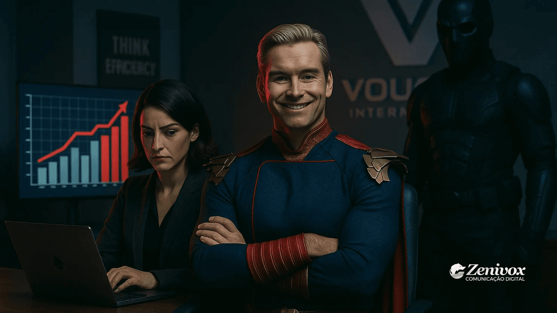 Homem loiro de uniforme azul e dourado sorri com arrogância enquanto uma mulher séria trabalha em um notebook; ao fundo, um gráfico aponta crescimento e uma figura sombria observa em silêncio — cenário corporativo que transmite poder, opressão e falta de diálogo, uma Cultura Organizacional Tóxica do The Boys