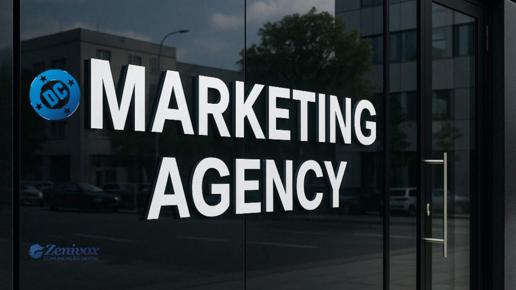 Conclusão: Transforme Seu Departamento de Marketing em uma Liga da Justiça
Imagem de uma porta de agência com o letreiro “Marketing Agency” em destaque, ao lado de um logo estilizado da DC Comics, criando a sensação de que essa é a sede de um time de super-heróis do marketing.