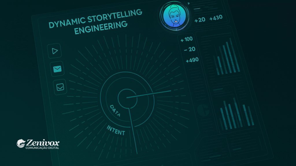 Interface futurista simulando um painel de controle de marketing avançado. Ao centro, gráfico com os eixos “Data” e “Intent” representa o núcleo da engenharia de narrativas dinâmicas. Ícones de interação digital (e-mail, vídeo, mensagem) e gráficos de desempenho reforçam a automação e personalização. Estética tecnológica em tons verdes. Logotipo da Zenivox no canto inferior esquerdo.