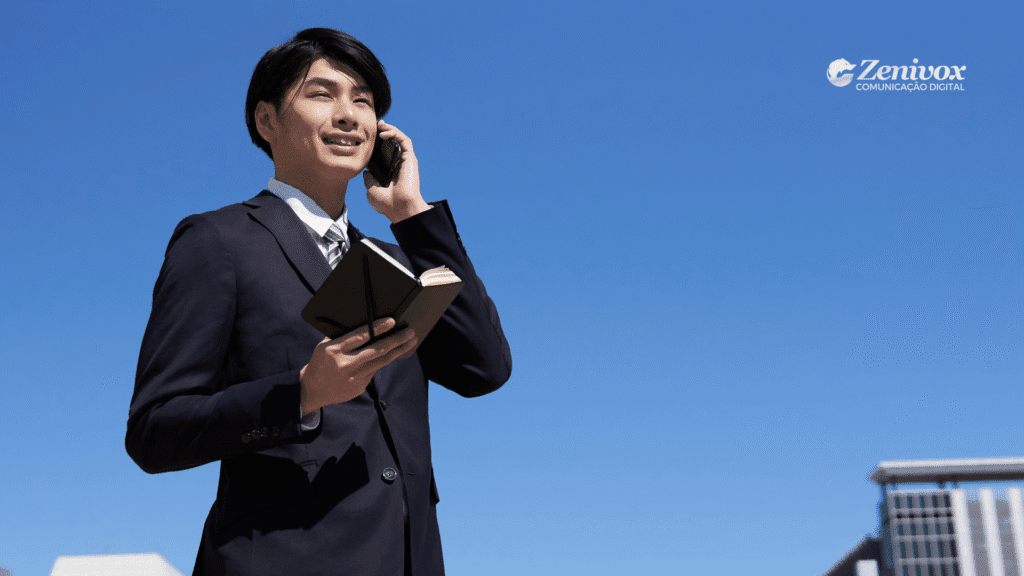Empresário jovem japonês, de terno, falando ao celular e segurando um caderno, com céu azul ao fundo. Representa visão estratégica, tomada de decisão e inspiração empresarial — remetendo à inovação da SNK no mundo dos negócios.