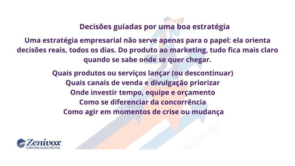 Texto explicativo sobre o que é uma estratégia empresarial, destacando como ela orienta decisões práticas do dia a dia em áreas como marketing, vendas, produto e gestão de crise. Ao fundo, setas e pessoas em posição de liderança reforçam o conceito de direção e crescimento estratégico.