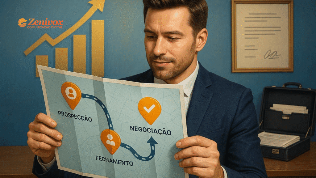 Homem de terno analisando um mapa estratégico de vendas com as etapas: Prospecção, Negociação e Fechamento. A imagem representa o conceito de metodologia de vendas, com elementos visuais que destacam as melhores abordagens comerciais.