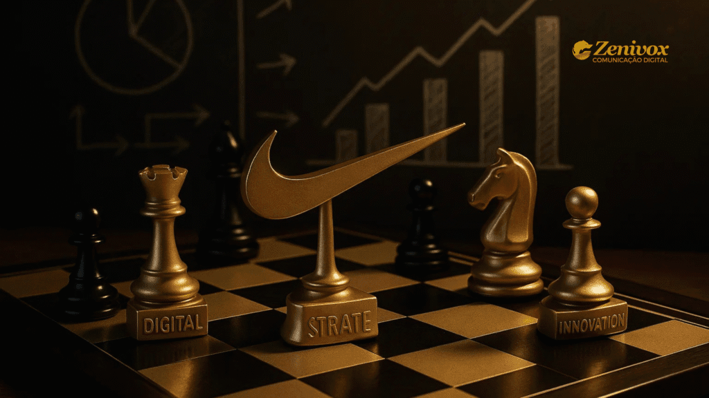 Peças de xadrez douradas com palavras como "Digital", "Strate" (Strategy), "Innovation" e o símbolo da Nike, representando o plano de marketing estratégico da marca no cenário competitivo.