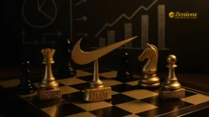 Peças de xadrez douradas com palavras como "Digital", "Strate" (Strategy), "Innovation" e o símbolo da Nike, representando o plano de marketing estratégico da marca no cenário competitivo.