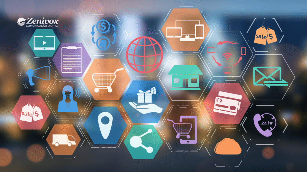 Ilustração conceitual sobre canais de vendas, apresentando diversos ícones como e-commerce, loja física, SAC 24h, pagamento online, marketing digital e atendimento ao cliente, com a identidade visual da Zenivox Comunicação Digital ao fundo.