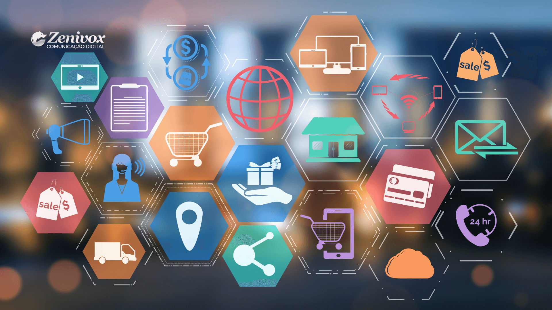 Ilustração conceitual sobre canais de vendas, apresentando diversos ícones como e-commerce, loja física, SAC 24h, pagamento online, marketing digital e atendimento ao cliente, com a identidade visual da Zenivox Comunicação Digital ao fundo.