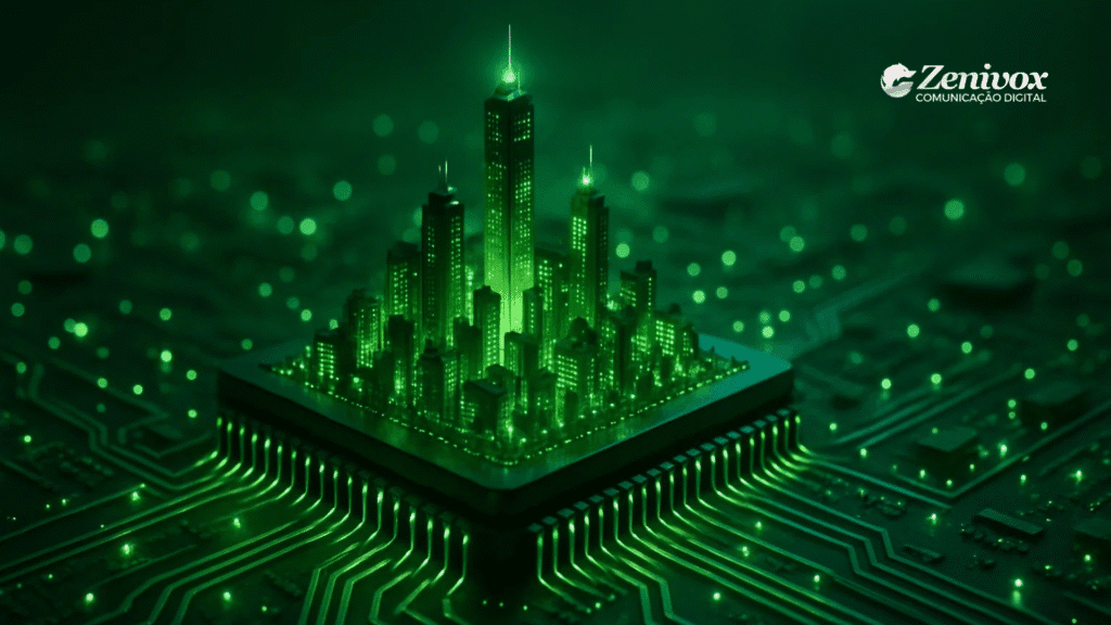 Ilustração conceitual de uma cidade futurista emergindo de um chip eletrônico da Nvidia, representando o poder da inovação tecnológica e da estratégia empresarial digital, com tons verdes e o logotipo da Zenivox no canto.