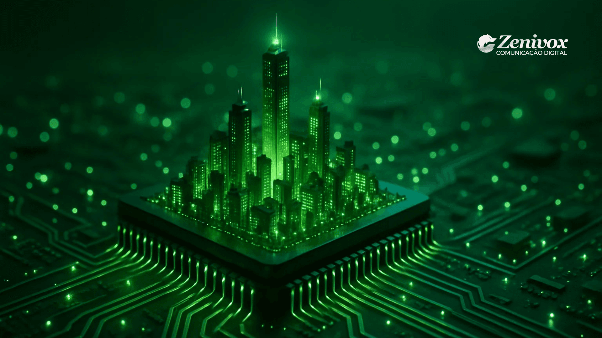 Ilustração conceitual de uma cidade futurista emergindo de um chip eletrônico da Nvidia, representando o poder da inovação tecnológica e da estratégia empresarial digital, com tons verdes e o logotipo da Zenivox no canto.