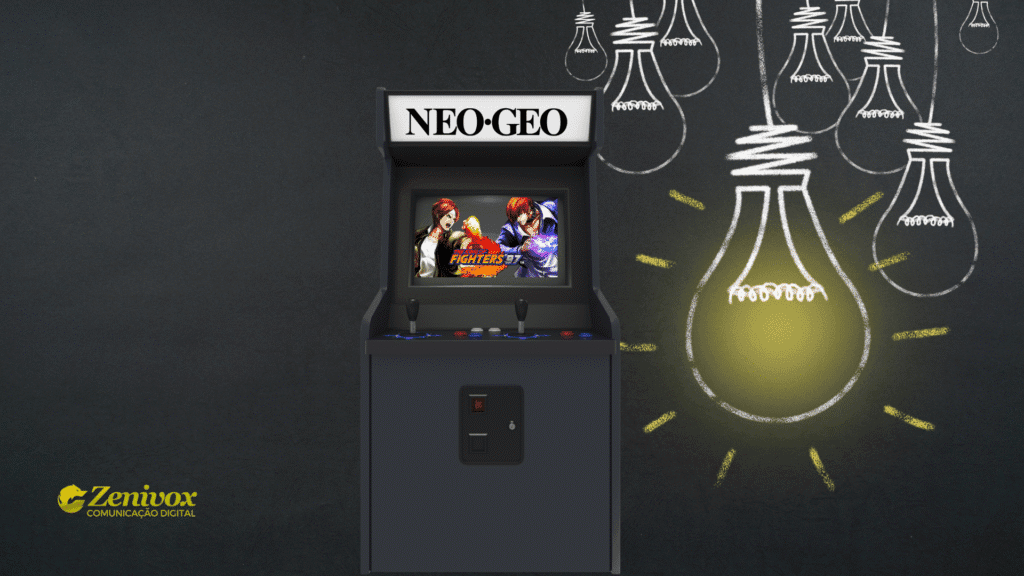 Máquina de fliperama clássica Neo Geo com o jogo The King of Fighters na tela, ao lado de lâmpadas desenhadas simbolizando ideias de negócio lucrativo. Uma das lâmpadas está acesa, representando a inovação da SNK.