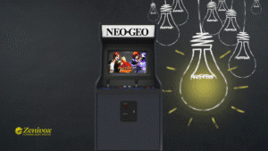 Máquina de fliperama clássica Neo Geo com o jogo The King of Fighters na tela, ao lado de lâmpadas desenhadas simbolizando ideias de negócio lucrativo. Uma das lâmpadas está acesa, representando a inovação da SNK.