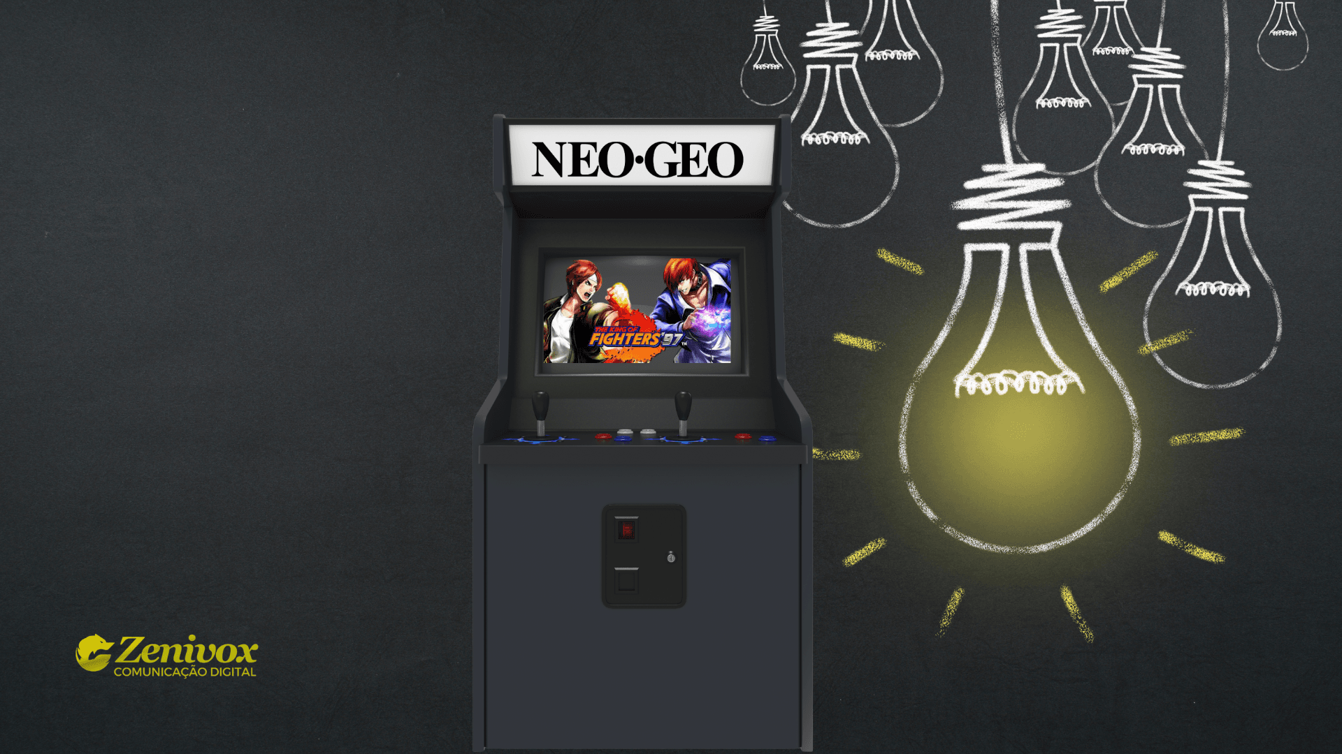 Máquina de fliperama clássica Neo Geo com o jogo The King of Fighters na tela, ao lado de lâmpadas desenhadas simbolizando ideias de negócio lucrativo. Uma das lâmpadas está acesa, representando a inovação da SNK.