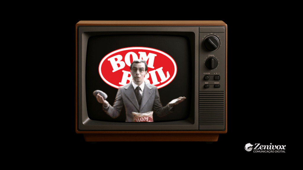 Homem de terno cinza aparece em uma televisão retrô segurando uma esponja de aço e uma embalagem da marca. Ao fundo, o logo da empresa é exibido em vermelho com letras brancas, simbolizando as Propagandas Antigas da Bombril. A TV tem moldura de madeira e fundo preto, com o logotipo da Zenivox no canto inferior direito.