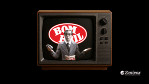 Homem de terno cinza aparece em uma televisão retrô segurando uma esponja de aço e uma embalagem da marca. Ao fundo, o logo da empresa é exibido em vermelho com letras brancas, simbolizando as Propagandas Antigas da Bombril. A TV tem moldura de madeira e fundo preto, com o logotipo da Zenivox no canto inferior direito.