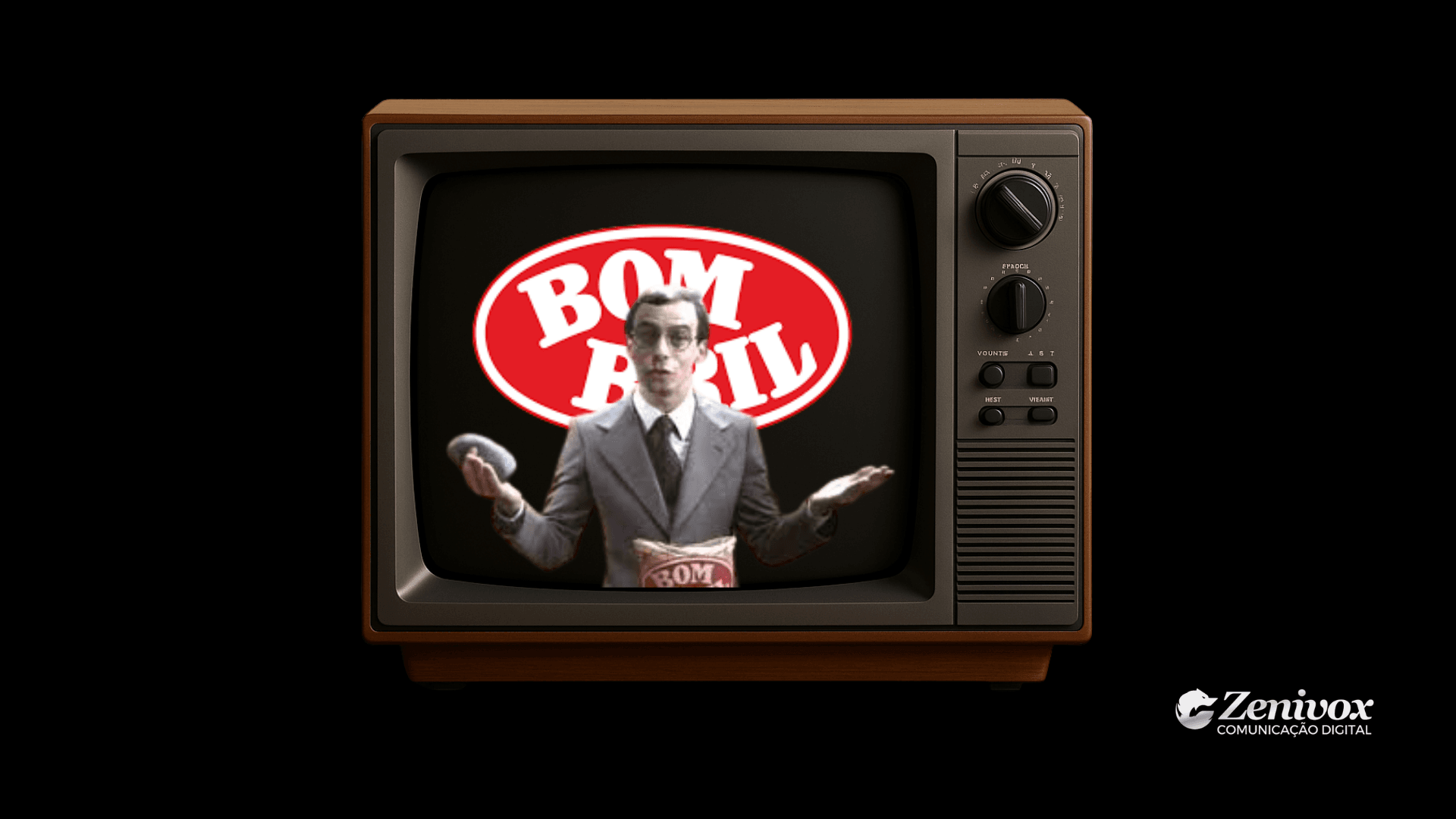 Homem de terno cinza aparece em uma televisão retrô segurando uma esponja de aço e uma embalagem da marca. Ao fundo, o logo da empresa é exibido em vermelho com letras brancas, simbolizando as Propagandas Antigas da Bombril. A TV tem moldura de madeira e fundo preto, com o logotipo da Zenivox no canto inferior direito.