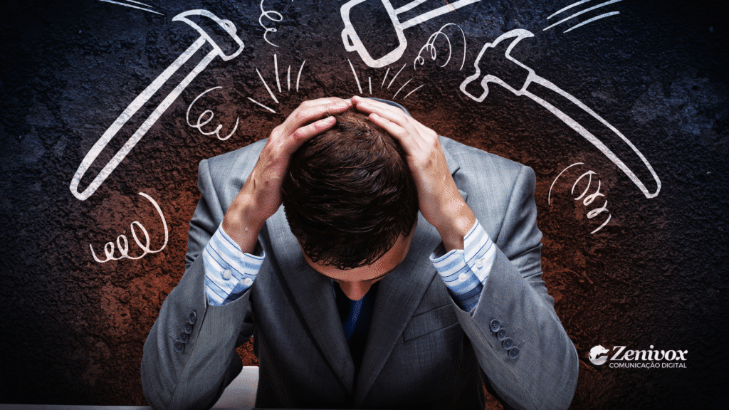 Homem de terno sentado com as mãos na cabeça, suando, enquanto martelos desenhados simbolicamente caem sobre ele — representando a pressão mental enfrentada por empreendedor no Brasil.