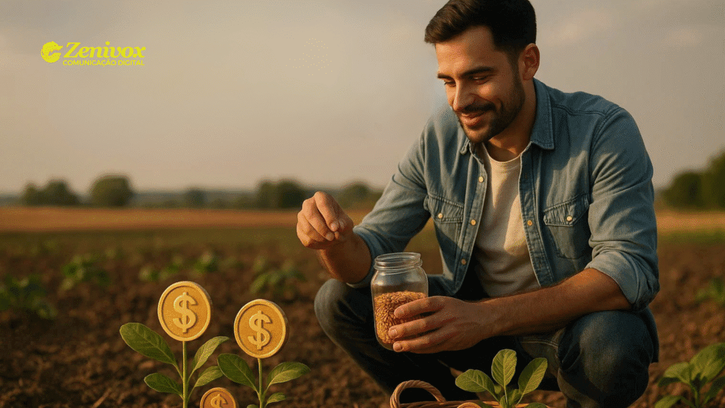 Homem sorridente em uma plantação ao entardecer, ajoelhado enquanto segura um pote de sementes e planta cuidadosamente. À frente dele, brotos com moedas douradas em formato de cifrão crescendo, simbolizando o retorno financeiro depois do Pós-Venda. Logotipo da Zenivox em amarelo no canto superior esquerdo.