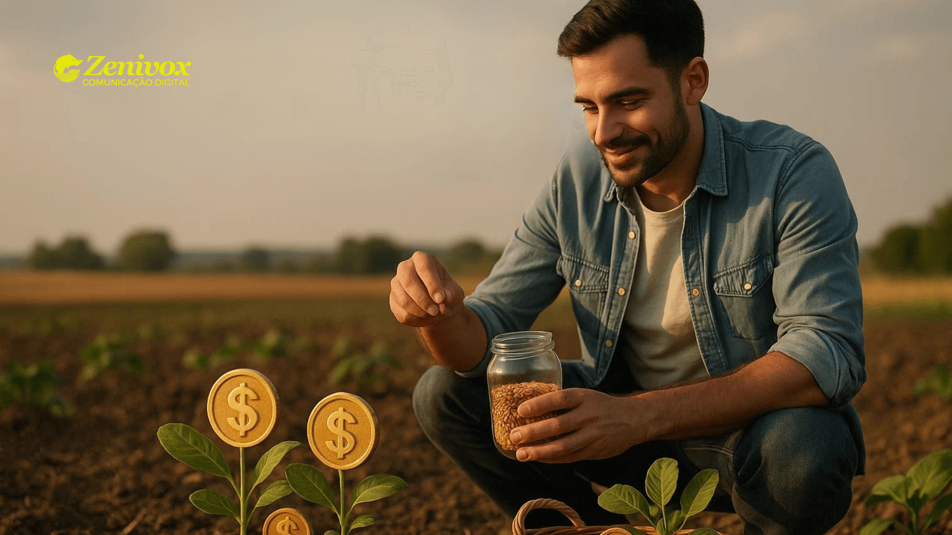 Homem sorridente em uma plantação ao entardecer, ajoelhado enquanto segura um pote de sementes e planta cuidadosamente. À frente dele, brotos com moedas douradas em formato de cifrão crescendo, simbolizando o retorno financeiro depois do Pós-Venda. Logotipo da Zenivox em amarelo no canto superior esquerdo.