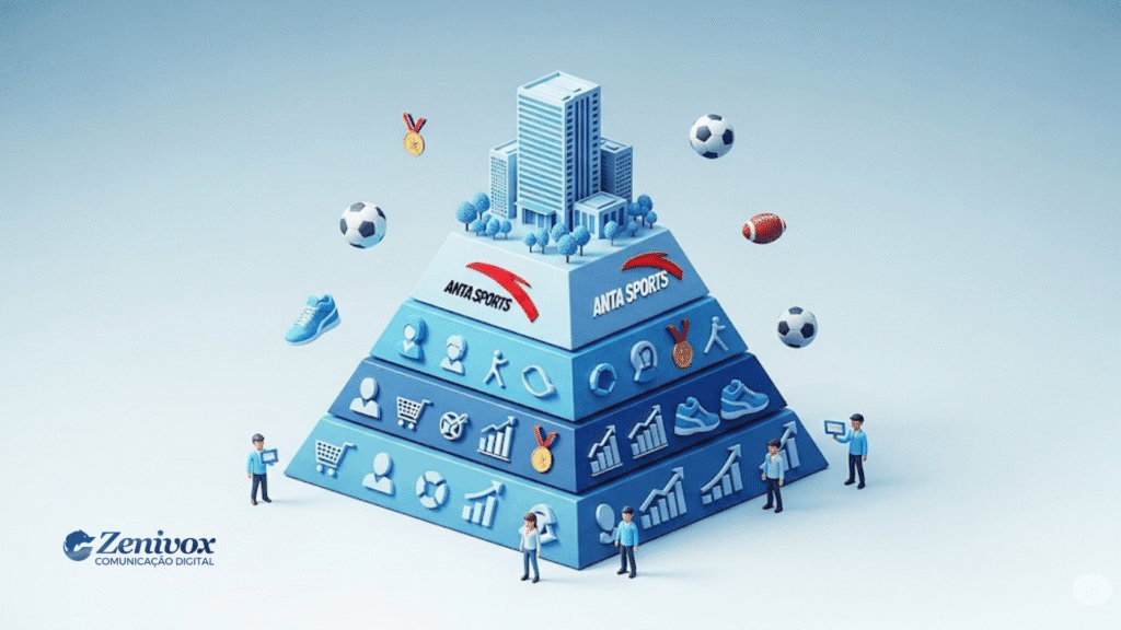 Pirâmide azul em 3D ilustrando a estratégia de crescimento da Anta Sports. No topo, prédios com a marca Anta, representando a liderança no mercado esportivo. Cada camada da pirâmide mostra ícones como pessoas, carrinhos de compra, medalhas, gráficos e tênis, simbolizando a construção de uma base de clientes sólida, marketing, performance e expansão. Há pequenas figuras humanas interagindo com os níveis da pirâmide. Ao redor, bolas esportivas flutuam. No canto inferior esquerdo, logo da Zenivox Comunicação Digital.
