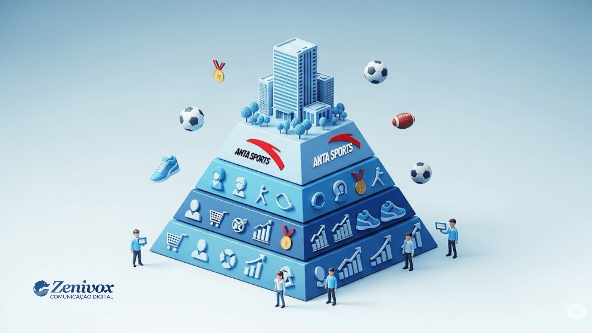 Pirâmide azul em 3D ilustrando a estratégia de crescimento da Anta Sports. No topo, prédios com a marca Anta, representando a liderança no mercado esportivo. Cada camada da pirâmide mostra ícones como pessoas, carrinhos de compra, medalhas, gráficos e tênis, simbolizando a construção de uma base de clientes sólida, marketing, performance e expansão. Há pequenas figuras humanas interagindo com os níveis da pirâmide. Ao redor, bolas esportivas flutuam. No canto inferior esquerdo, logo da Zenivox Comunicação Digital.