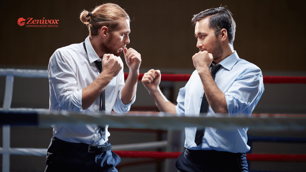 Dois homens vestindo roupas sociais, dentro de um ringue de boxe, posicionados em guarda de luta, simbolizando um confronto profissional, que vai ser parado pela gestão de conflitos. No canto superior esquerdo está o logotipo da Zenivox Comunicação Digital.