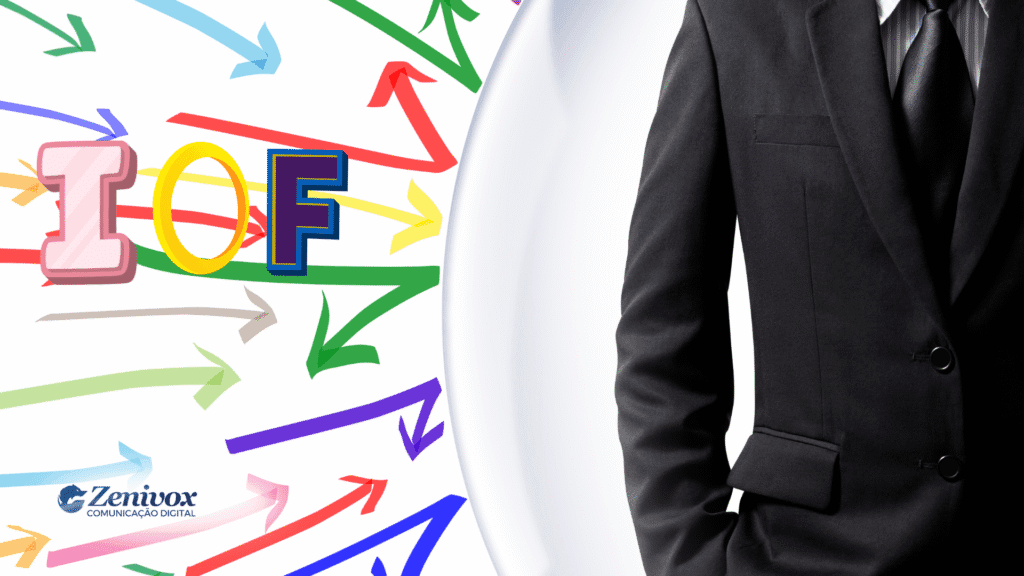 Imagem dividida ao meio. No lado esquerdo, a sigla "IOF" aparece com letras grandes e coloridas, cercada por várias setas multicoloridas apontando em diferentes direções, simbolizando o aumenton do IOF. No canto inferior esquerdo, está o logotipo da Zenivox Comunicação Digital. No lado direito, aparece a metade do corpo de um homem de terno escuro, representando o universo corporativo ou empresarial.