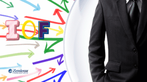 Imagem dividida ao meio. No lado esquerdo, a sigla "IOF" aparece com letras grandes e coloridas, cercada por várias setas multicoloridas apontando em diferentes direções, simbolizando o aumenton do IOF. No canto inferior esquerdo, está o logotipo da Zenivox Comunicação Digital. No lado direito, aparece a metade do corpo de um homem de terno escuro, representando o universo corporativo ou empresarial.