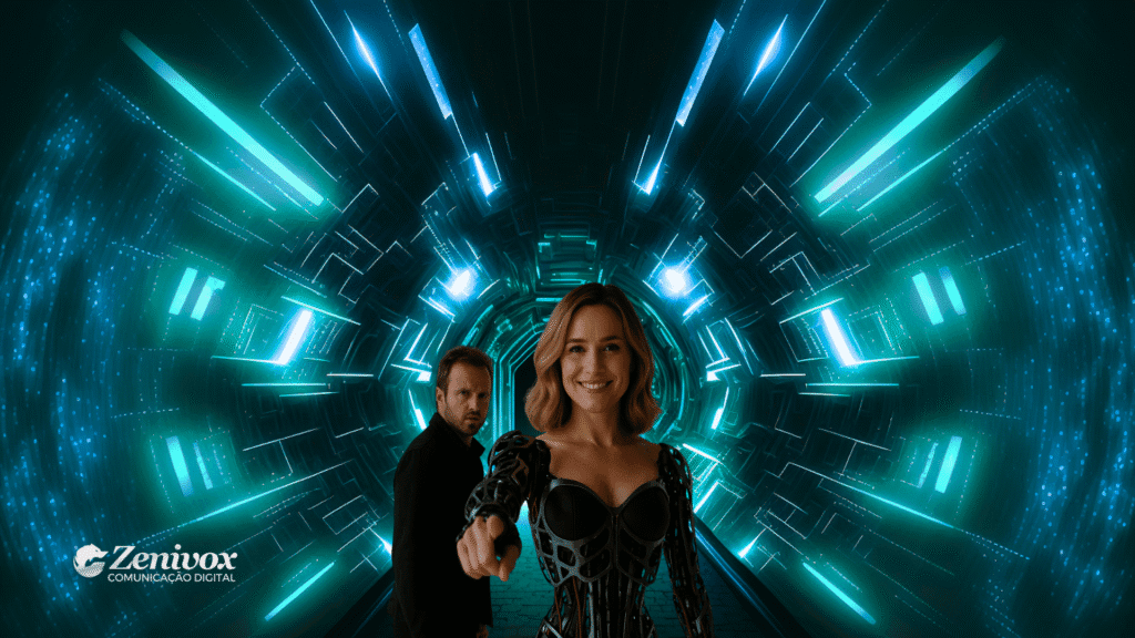 Cena inspirada em Westworld com visual futurista e personagens diante de um túnel digital iluminado. Mulher sorridente aponta diretamente para a câmera, representando a interatividade das 5 ferramentas de marketing do futuro. Fundo com efeitos cibernéticos simboliza inteligência artificial e personalização. Logotipo da Zenivox no canto inferior esquerdo.