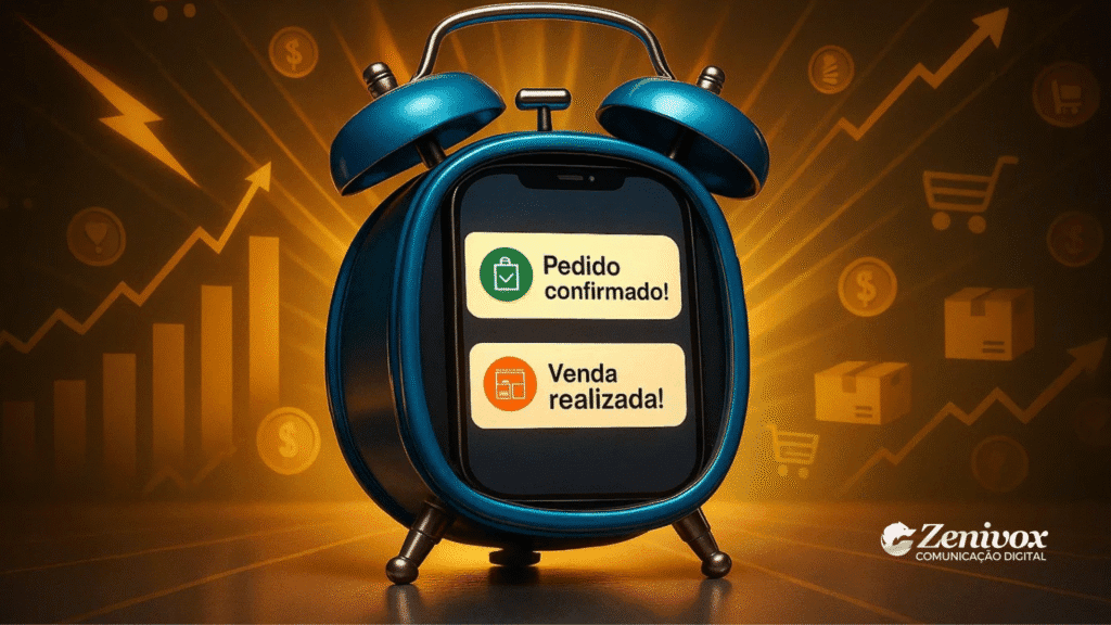 Despertador azul com uma tela de celular no lugar do mostrador. Na tela, há duas mensagens: “Pedido confirmado!” (com ícone de checklist verde) e “Venda realizada!” (com ícone de vitrine laranja). Ao fundo, gráficos de crescimento, ícones de carrinho de compras, caixas e cifrões compõem um cenário otimista de como vender na internet. No canto inferior direito está o logotipo da Zenivox Comunicação Digital.