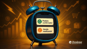 Despertador azul com uma tela de celular no lugar do mostrador. Na tela, há duas mensagens: “Pedido confirmado!” (com ícone de checklist verde) e “Venda realizada!” (com ícone de vitrine laranja). Ao fundo, gráficos de crescimento, ícones de carrinho de compras, caixas e cifrões compõem um cenário otimista de como vender na internet. No canto inferior direito está o logotipo da Zenivox Comunicação Digital.
