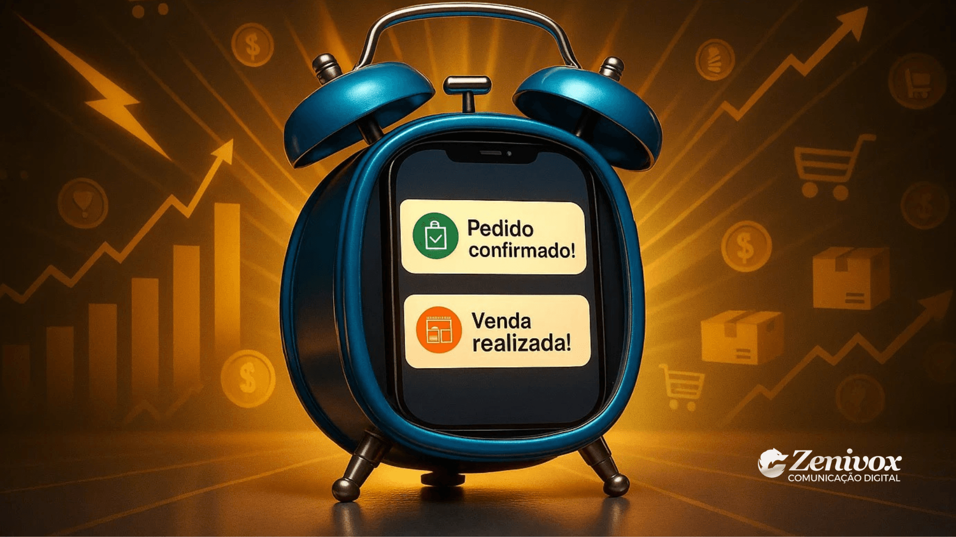 Despertador azul com uma tela de celular no lugar do mostrador. Na tela, há duas mensagens: “Pedido confirmado!” (com ícone de checklist verde) e “Venda realizada!” (com ícone de vitrine laranja). Ao fundo, gráficos de crescimento, ícones de carrinho de compras, caixas e cifrões compõem um cenário otimista de como vender na internet. No canto inferior direito está o logotipo da Zenivox Comunicação Digital.