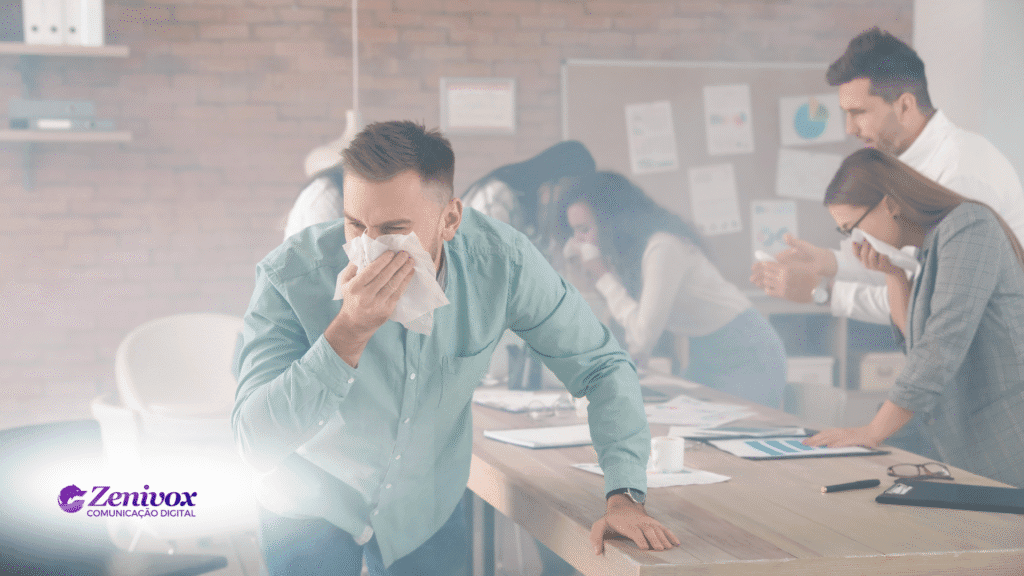 Pessoas em um escritório tentando respirar em meio a fumaça, cobrindo o rosto com lenços e expressando desespero. A imagem simboliza uma crise repentina no ambiente de trabalho, destacando o impacto inesperado e a urgência de reação — como em um incêndio que se espalha rapidamente. O logo da Zenivox Comunicação Digital aparece no canto inferior esquerdo.