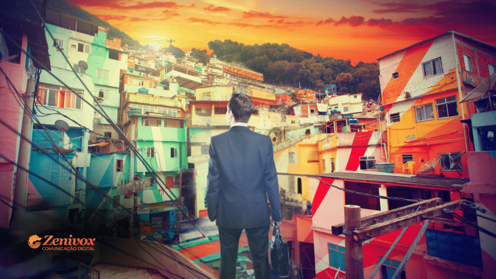 Empreendedor de terno, visto de costas, observando uma comunidade colorida ao pôr do sol. A cena representa a jornada de quem começa com pouco, mas com grande visão de impacto e transformação.