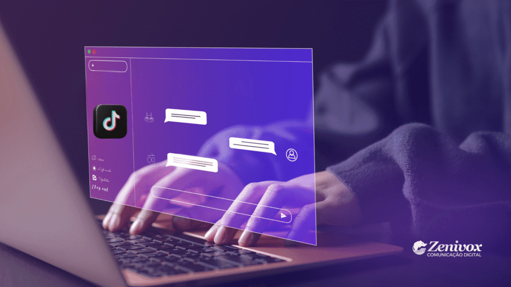 Pessoa digitando em um notebook, com uma interface digital holográfica sobreposta. Nessa interface, aparecem ícones de chat, o logotipo do TikTok e elementos gráficos futuristas relacionados à inteligência artificial, simbolizando como usar as novas ferramentas de ia do tiktok . No canto inferior direito está o logotipo da Zenivox Comunicação Digital.