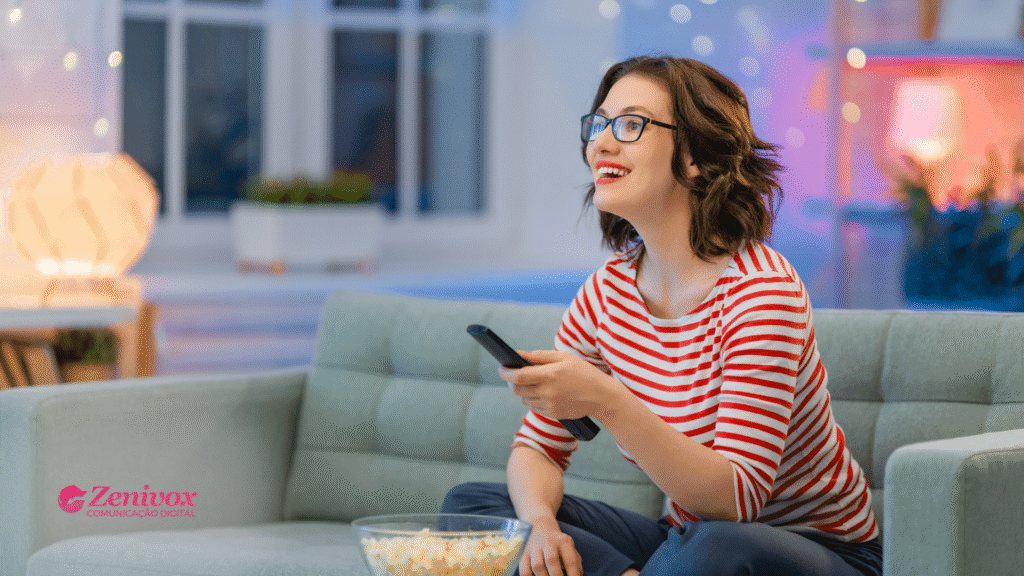 Mulher sorridente, sentada confortavelmente no sofá com controle remoto na mão, assistindo TV em um ambiente moderno e acolhedor. Ao lado dela, uma tigela de pipoca. A marca Zenivox aparece no canto inferior esquerdo.